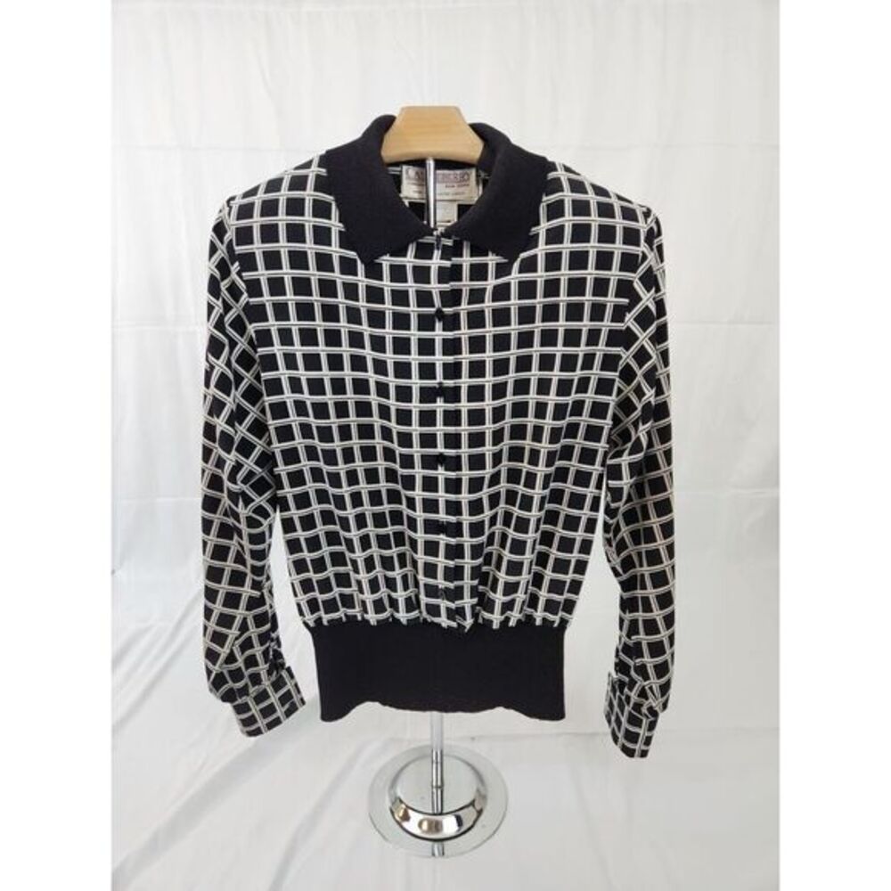 Castleberry Vintage Grid Print Button‎ Up Blouse Black White Knit Trim Size 10